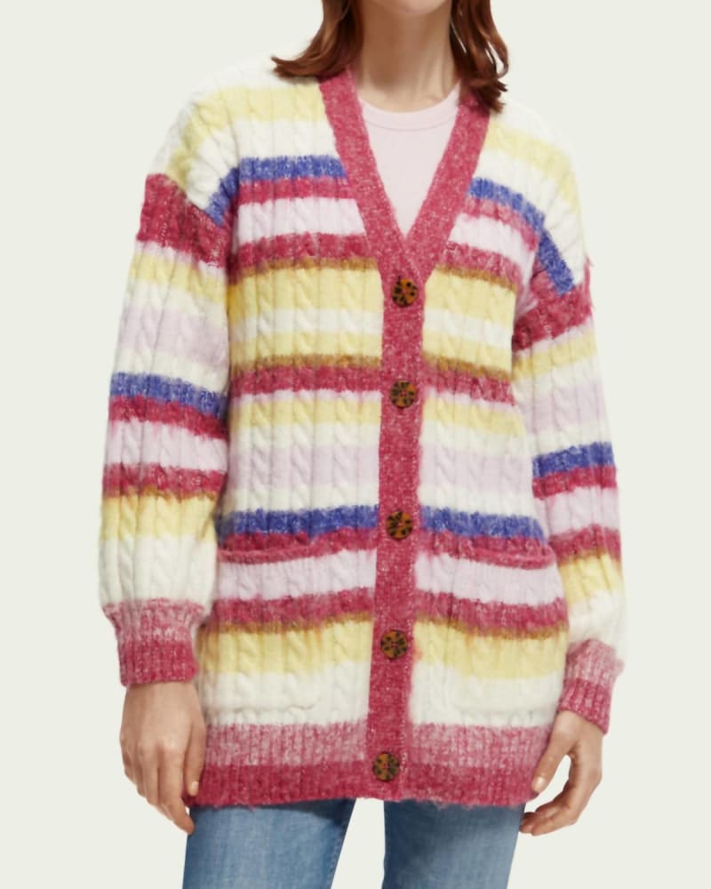 Front of a model wearing a size L Brushed Mixed Stripe Mid Length Cardigan in Cherry Pie in Cherry Pie by SCOTCH & SODA. | dia_product_style_image_id:343780